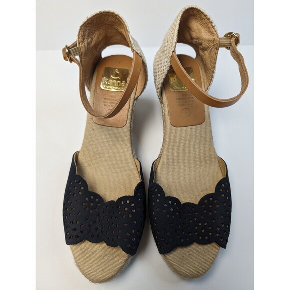 KANNA SPAIN 8 OPEN TOE ESPADRILLE SHOES LEATHER UPPER BLUE TAN WEDGE CUTE! - Picture 2 of 9